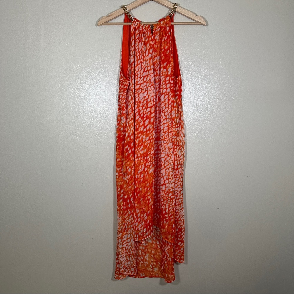 Michael Kors Women's L Halter Dress Orange Metallic Chain Neck High-Low Print